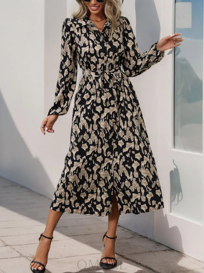 Perfee Printed Long Sleeve Midi Dress Trendsi OMDEL.COM