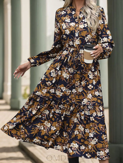 Perfee Printed Notched Long Sleeve Midi Dress Trendsi OMDEL.COM