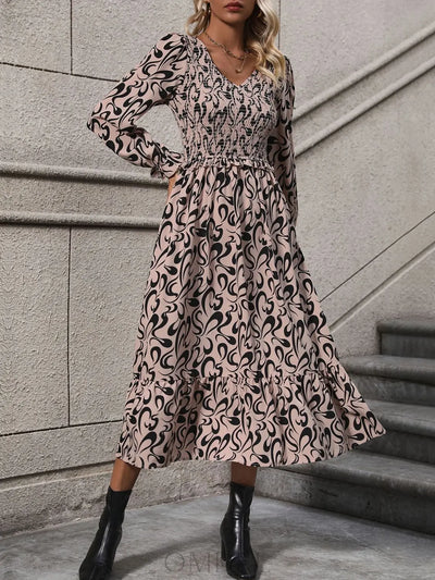 Perfee Printed V-Neck Long Sleeve Midi Dress Trendsi OMDEL.COM