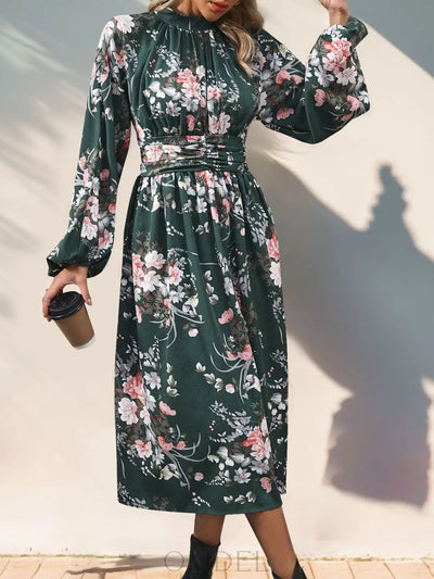 Perfee Ruched Printed Mock Neck Long Sleeve Midi Dress Trendsi OMDEL.COM