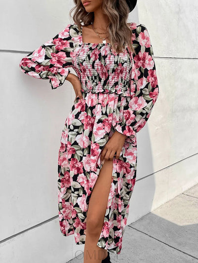 Perfee Slit Smocked Floral Flounce Sleeve Dress Trendsi OMDEL.COM