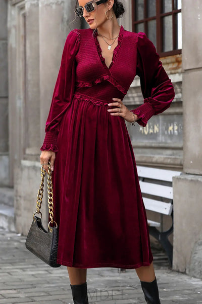 Perfee Smocked Lantern Sleeve Midi Dress Trendsi OMDEL.COM