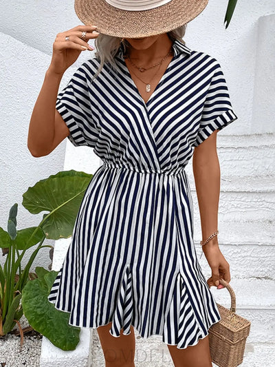 Perfee Striped Johnny Collar Mini Dress Trendsi OMDEL.COM