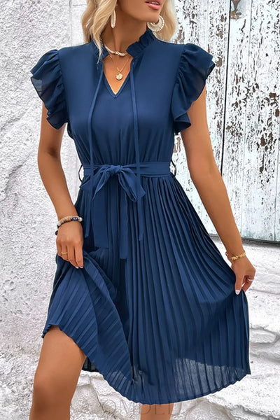 Perfee Tie Neck Belted Pleated Dress Trendsi OMDEL.COM