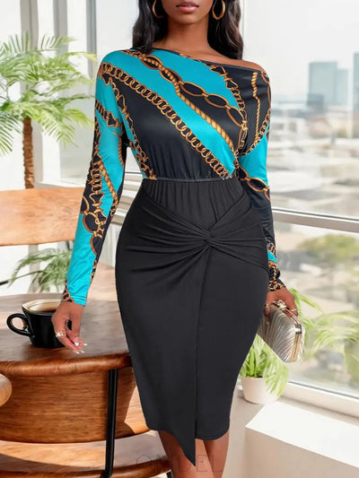 Perfee Twisted Printed Long Sleeve Dress Trendsi OMDEL.COM