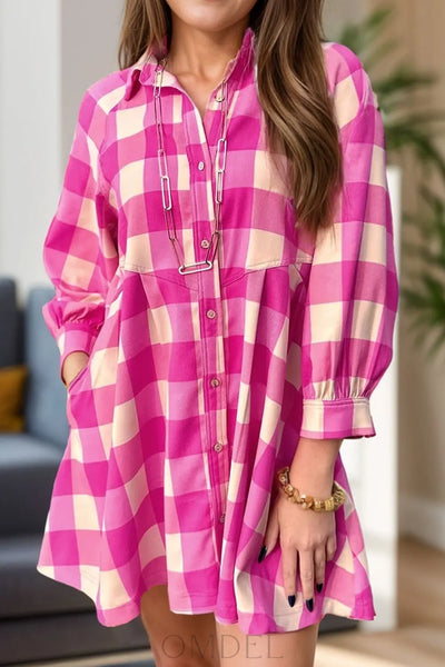 Plaid Button Up Long Sleeve Shirt Dress Trendsi OMDEL.COM