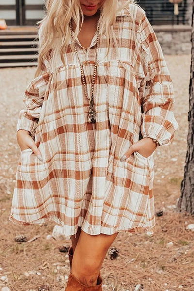 Plaid Collared Neck Long Sleeve Mini Shirt Dress Trendsi OMDEL.COM