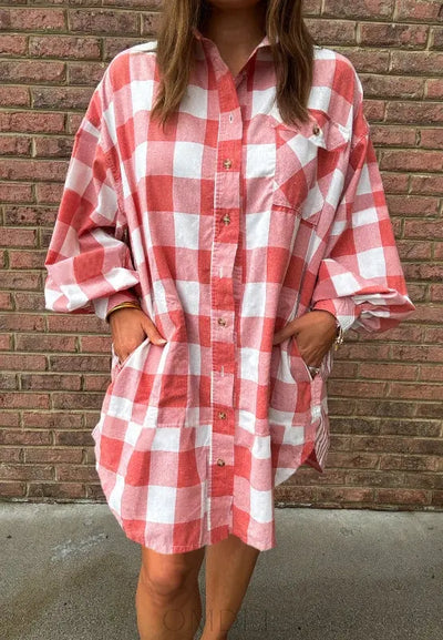 Plaid Collared Neck Long Sleeve Shirt Dress Trendsi OMDEL.COM