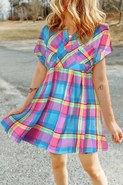 Plaid Notched Short Sleeve Mini Dress Trendsi OMDEL.COM