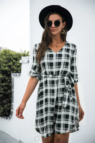 Plaid V-Neck Tie Waist Dress Trendsi OMDEL.COM