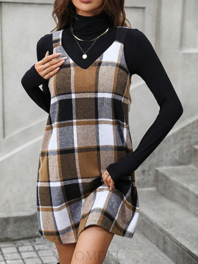 Plaid V-Neck Wide Strap Tank Dress Trendsi OMDEL.COM