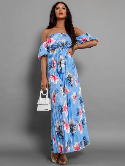 Pleated Floral Off-Shoulder Short Sleeve Midi Dress Trendsi OMDEL.COM