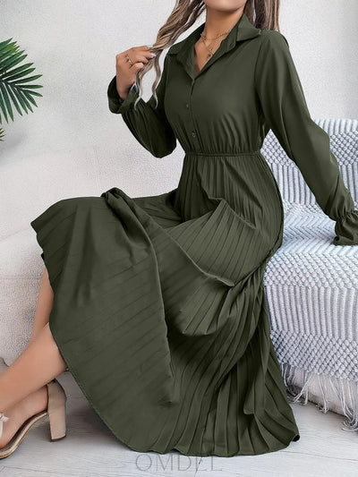 Pleated Half Button Long Sleeve Midi Dress Trendsi OMDEL.COM