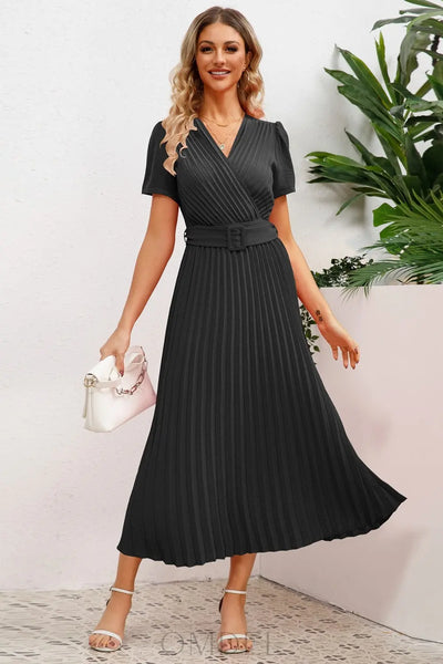 Pleated Surplice Short Sleeve Midi Dress Trendsi OMDEL.COM