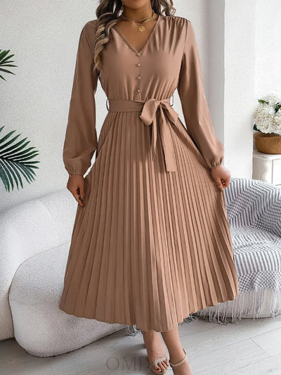 Pleated Tied V-Neck Long Sleeve Dress Trendsi OMDEL.COM