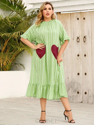 Plus Size Frill Heart Striped Half Sleeve Dress Trendsi OMDEL.COM