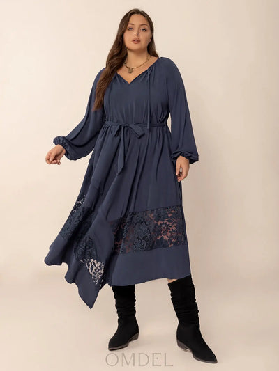 Plus Size Lace Detail Tie Neck Long Sleeve Midi Dress Trendsi OMDEL.COM