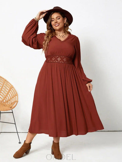 Plus Size Lace Detail V-Neck Balloon Sleeve Dress Trendsi OMDEL.COM