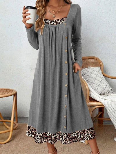 Plus Size Leopard Decorative Button Dress Trendsi OMDEL.COM