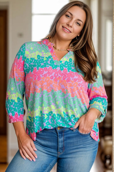 Plus Size Leopard Notched Long Sleeve Blouse Trendsi OMDEL.COM