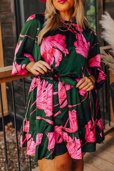 Plus Size Printed Lantern Sleeve Ruffle Hem Dress Trendsi OMDEL.COM