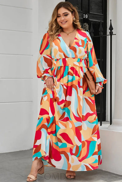 Plus Size Printed Lantern Sleeves V-Neck Dress Trendsi OMDEL.COM