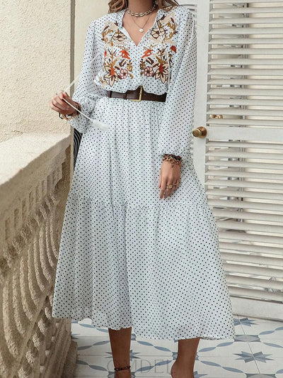 Plus Size Printed Tie Neck Long Sleeve Midi Dress Trendsi OMDEL.COM