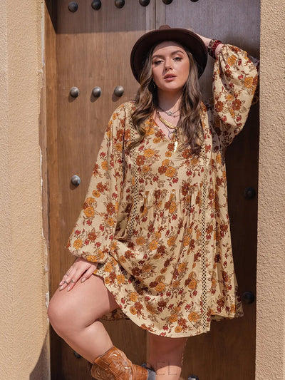 Plus Size Printed V-Neck Balloon Sleeve Mini Dress Trendsi OMDEL.COM