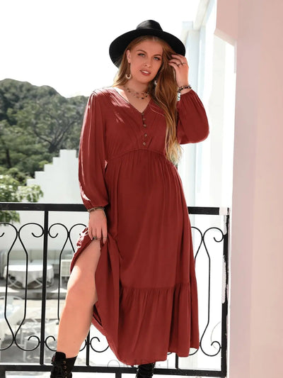 Plus Size Quarter Button V-Neck Long Sleeve Dress Trendsi OMDEL.COM