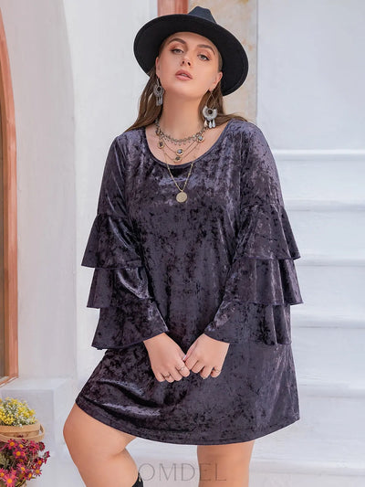 Plus Size Round Neck Flounce Sleeve Mini Dress Trendsi OMDEL.COM