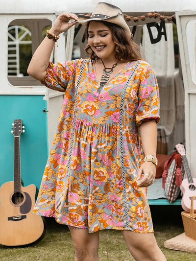 Plus Size Ruched Printed Half Sleeve Mini Dress Trendsi OMDEL.COM