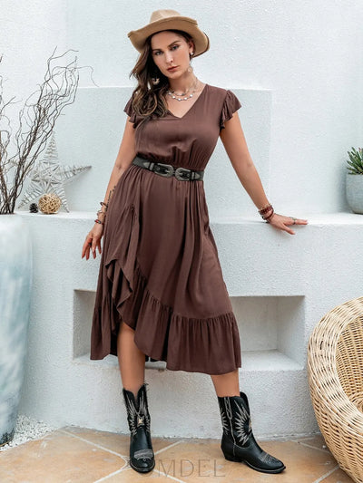 Plus Size Ruffled V-Neck Cap Sleeve Midi Dress Trendsi OMDEL.COM