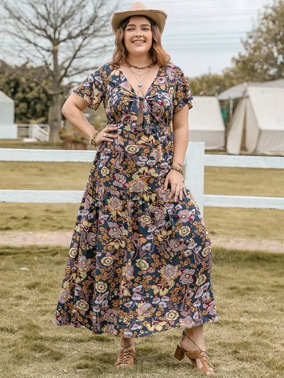 Plus Size Tied Printed Short Sleeve Midi Dress Trendsi OMDEL.COM