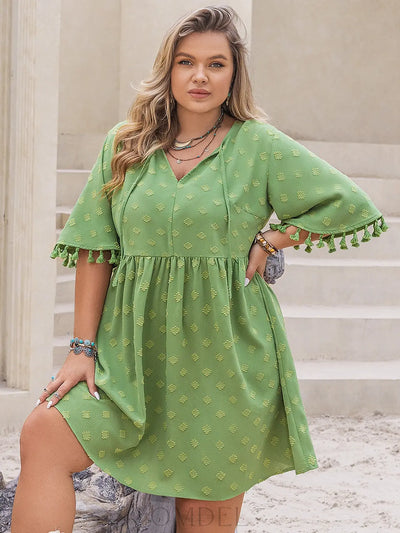 Plus Size Tied Tassel Half Sleeve Mini Dress Trendsi OMDEL.COM