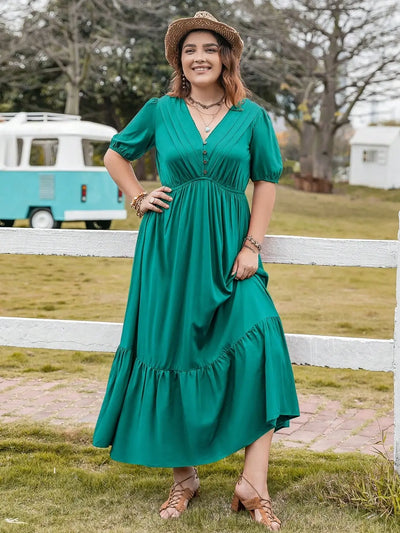 Plus Size V-Neck Short Sleeve Ruffle Hem Dress Trendsi OMDEL.COM