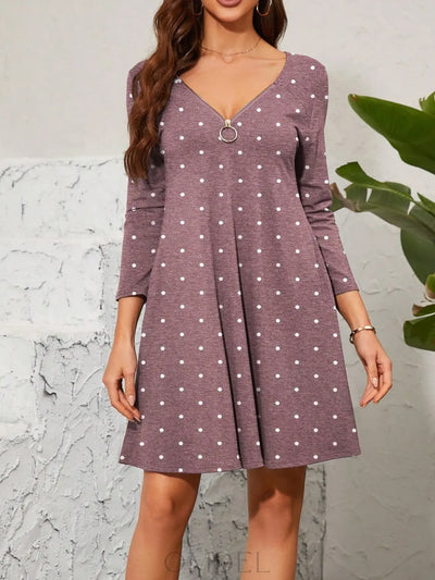 Polka Dot Quarter Zip Long Sleeve Dress Trendsi OMDEL.COM