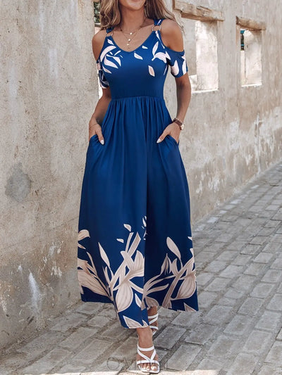 Printed Cold Shoulder Short Sleeve Maxi Dress Trendsi OMDEL.COM