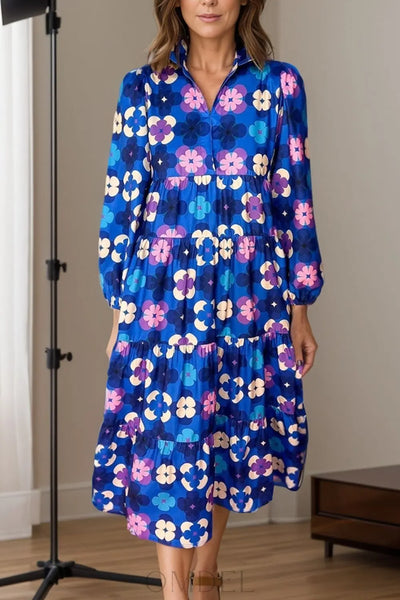 Printed Collared Neck Long Sleeve Midi Dress Trendsi OMDEL.COM