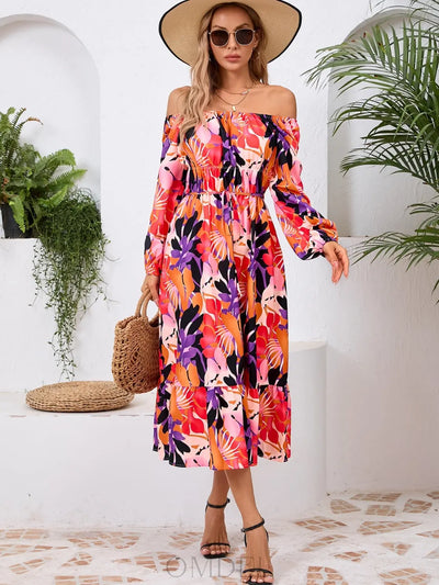 Printed Long Sleeve Midi Dress Trendsi OMDEL.COM