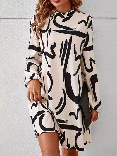 Printed Mock Neck Long Sleeve Mini Dress Trendsi OMDEL.COM