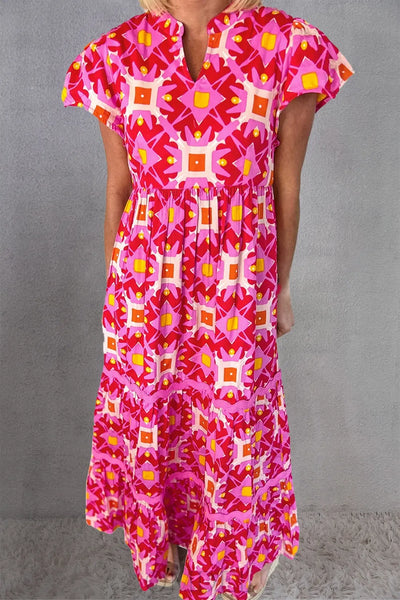 Printed Notched Cap Sleeve Dress Trendsi OMDEL.COM