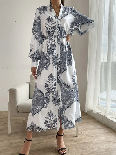 Printed Notched Lantern Sleeve Midi Dress Trendsi OMDEL.COM