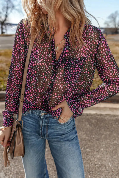 Printed Notched Long Sleeve Blouse Trendsi OMDEL.COM