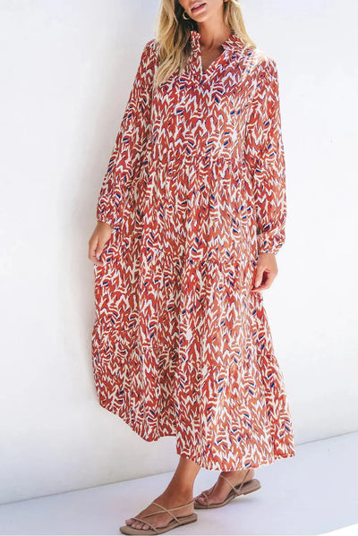 Printed Notched Long Sleeve Dress Trendsi OMDEL.COM