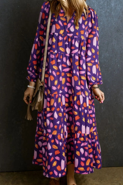 Printed Notched Long Sleeve Dress Trendsi OMDEL.COM