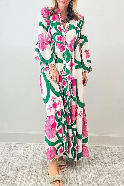 Printed Notched Long Sleeve Maxi Dress Trendsi OMDEL.COM