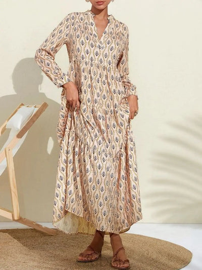 Printed Notched Long Sleeve Midi Dress Trendsi OMDEL.COM