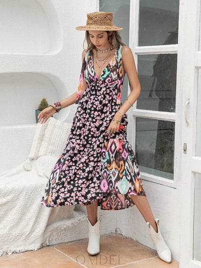 Printed Plunge Sleeveless Midi Dress Trendsi OMDEL.COM