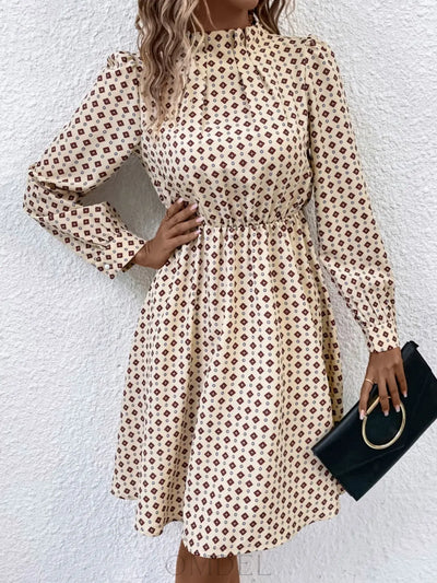 Printed Ruched Mock Neck Long Sleeve Dress Trendsi OMDEL.COM