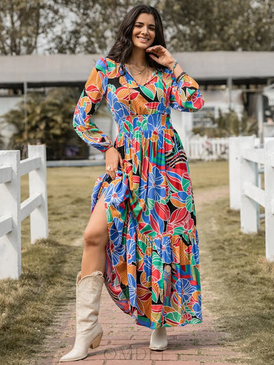 Printed Smocked Tie Neck Balloon Sleeve Maxi Dress Trendsi OMDEL.COM